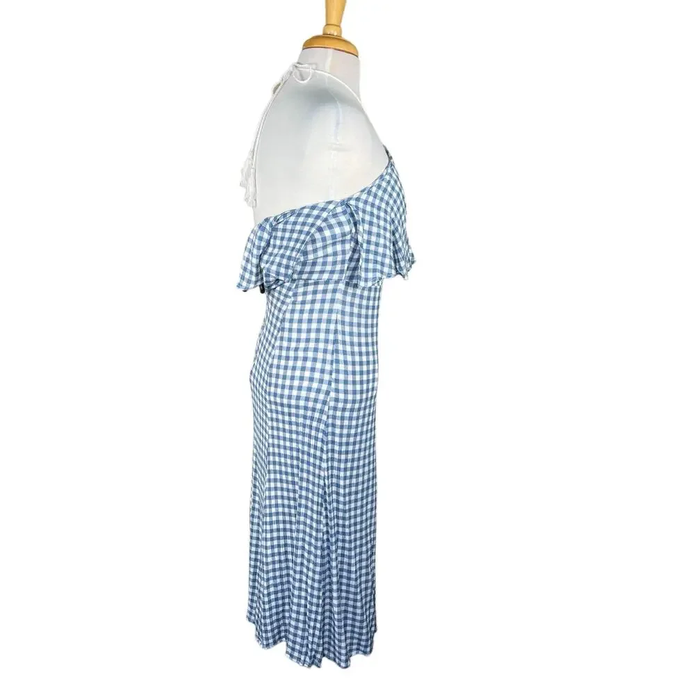 VICI Women’s Blue & White Gingham Midi Halter Sorority Graduation Dress Medium - Picture 5 of 14